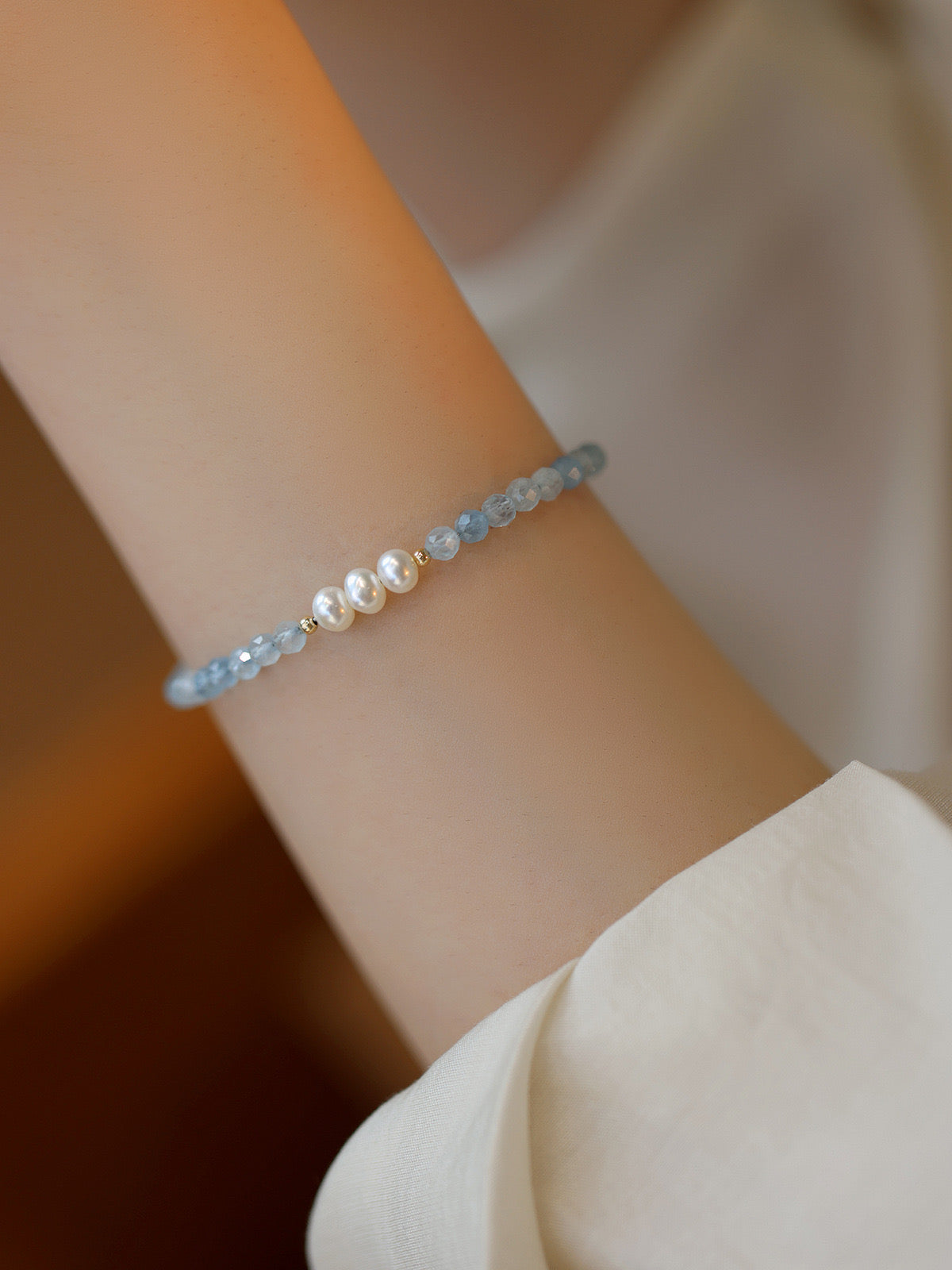 Aquamarine Bracelet 3mm with Pearl